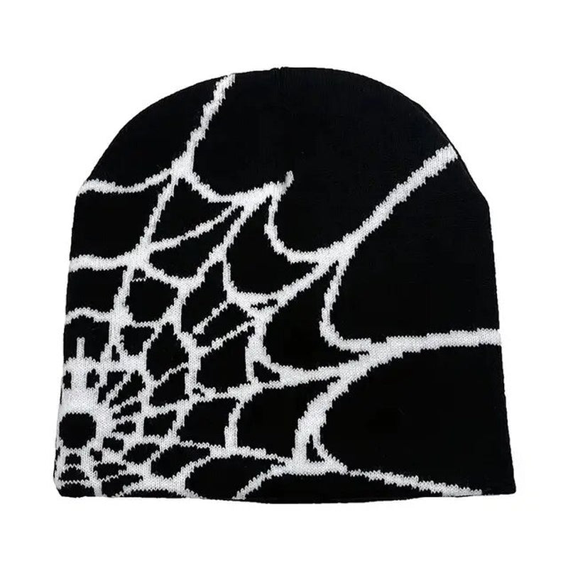 Y2K Beanie with Spider Web Design, Knit Skullies, Slouchy Baggy Cap, and Skull Cap.