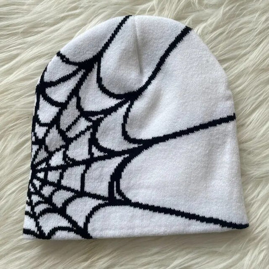 Y2K Beanie with Spider Web Design, Knit Skullies, Slouchy Baggy Cap, and Skull Cap.