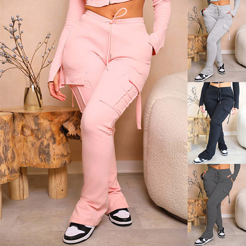 Cargo Pants with Pockets High Waist Drawstring Wide Leg Straight Trousers for Women Overalls