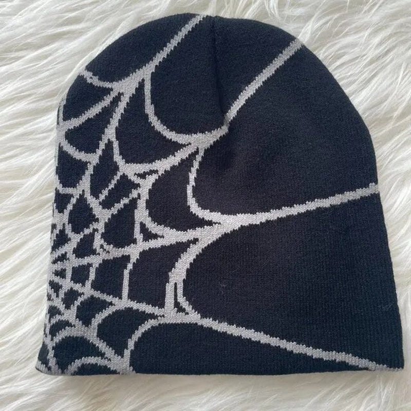 Y2K Beanie with Spider Web Design, Knit Skullies, Slouchy Baggy Cap, and Skull Cap.