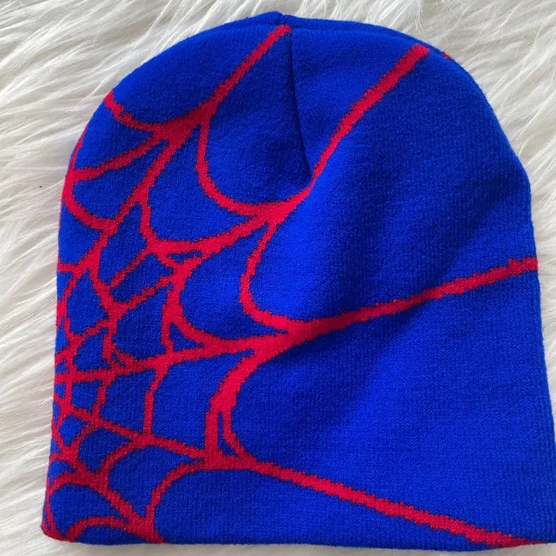 Y2K Beanie with Spider Web Design, Knit Skullies, Slouchy Baggy Cap, and Skull Cap.