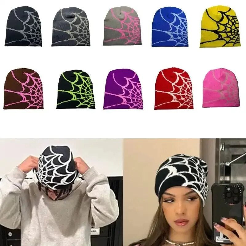 Y2K Beanie with Spider Web Design, Knit Skullies, Slouchy Baggy Cap, and Skull Cap.