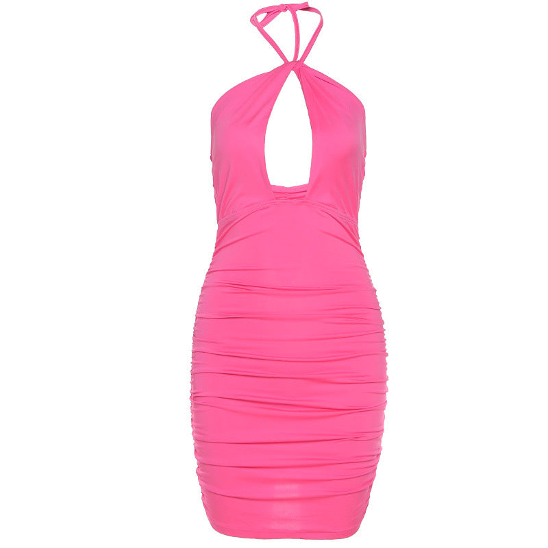 Sleeveless Dress in Solid Color with Folds, Slim Sheath Design, Package Hips, and Backless Cut